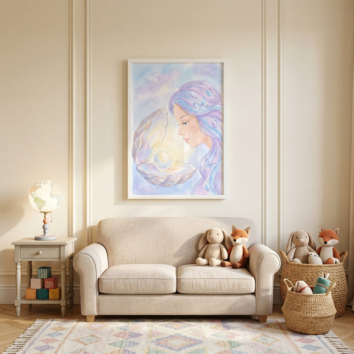 Purple hair mermaid wall art hangs above a beige sofa with stuffed toys in a bright neutral nursery.