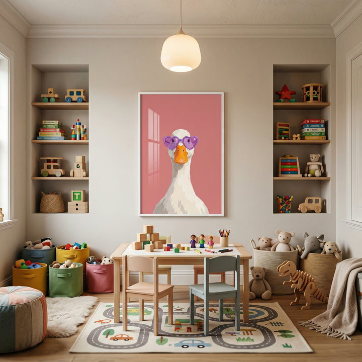 Purple heart glasses goose wall art hangs in a playroom with wooden toys, storage bins, and a small table and chairs.