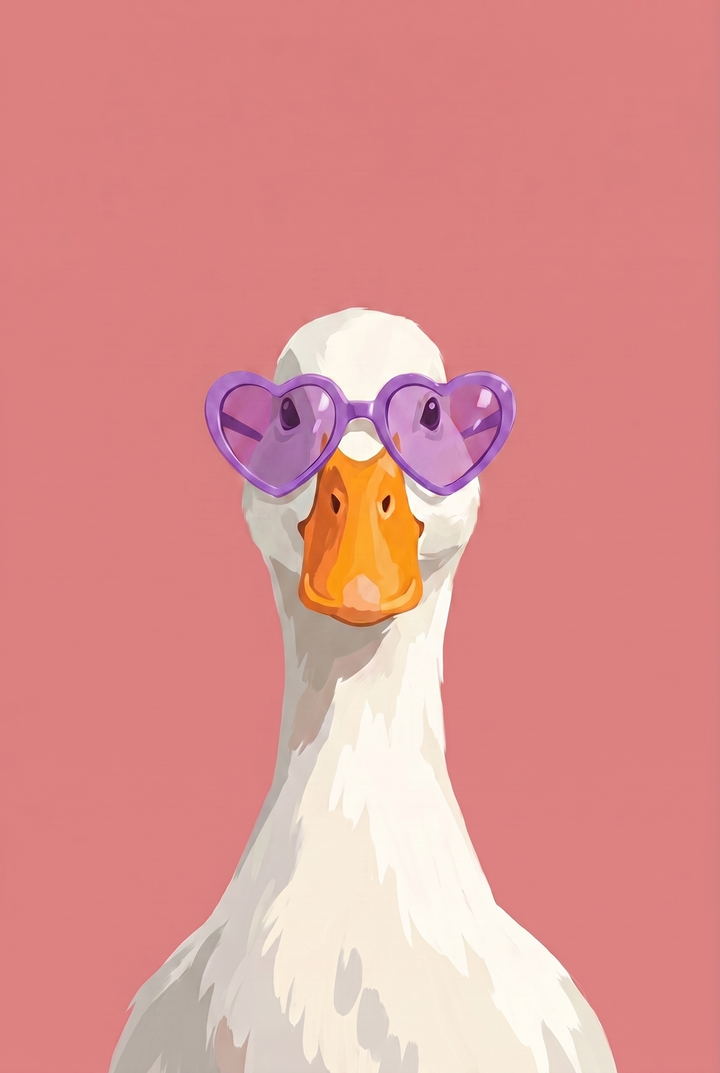 Purple heart glasses goose wall art featuring a white goose with an orange beak on a pink background.