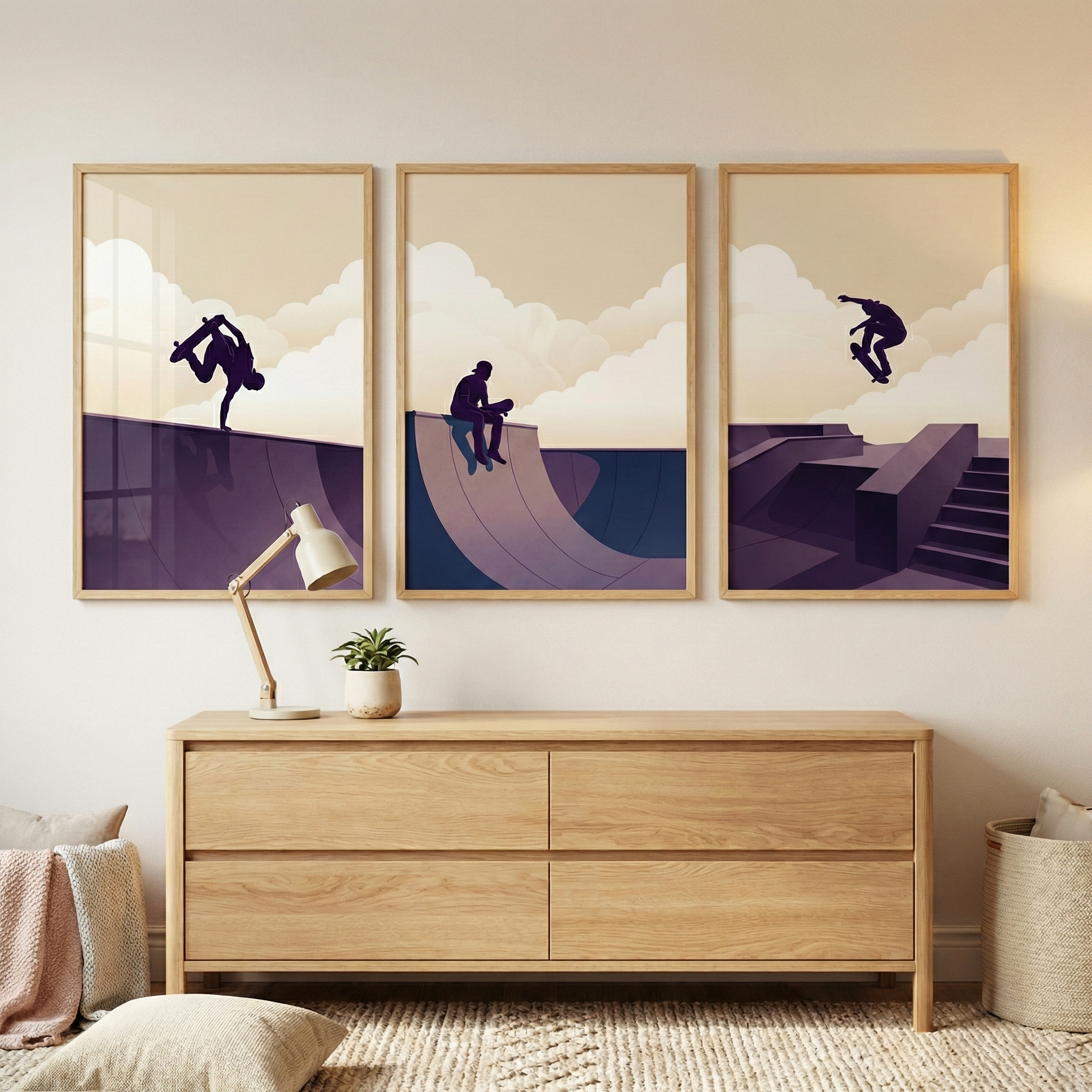 Purple Minimalist Skate Wall Art Set of 3 - Urban Skate Dreams