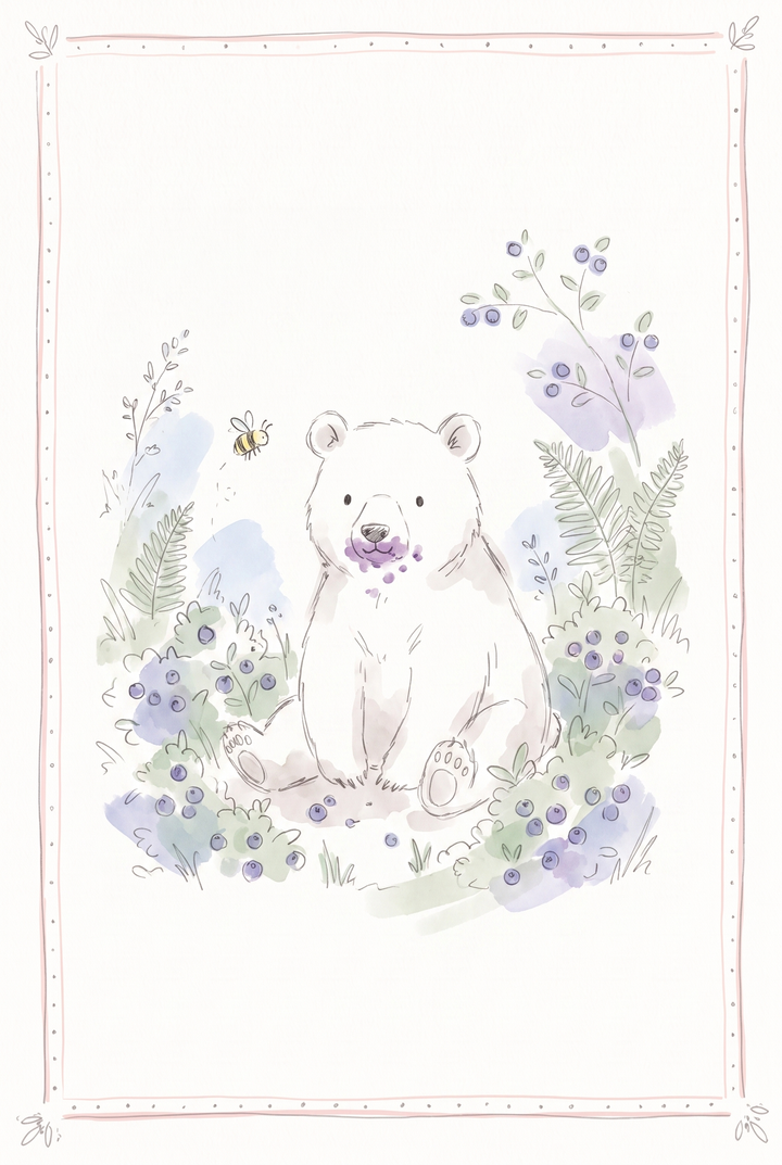 Purple mouth berry bear wall art of a white bear cub with a stained face sitting in a blueberry patch with a bee.