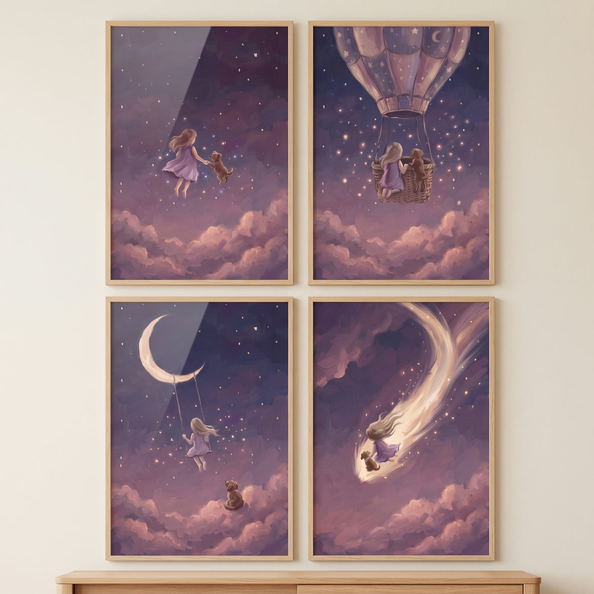 Whimsical purple sky girl dog wall art set of 4 featuring a child and pet among clouds, stars, a crescent moon, and balloon.