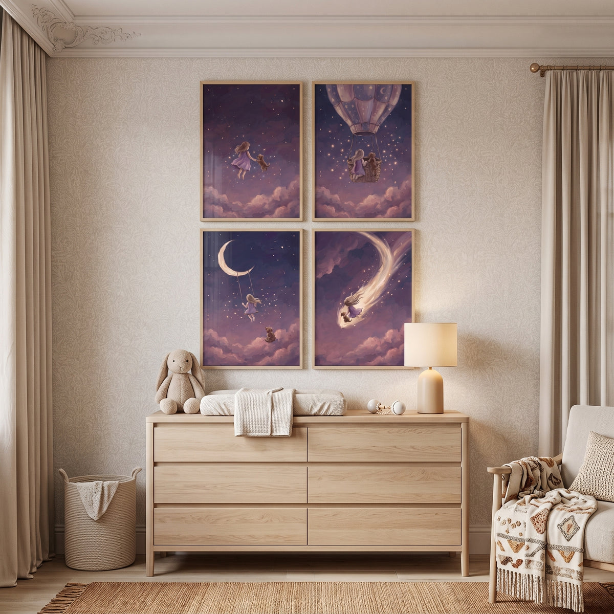 Purple Sky Girl Dog Wall Art Set of 4 - Stardust Sky Friends