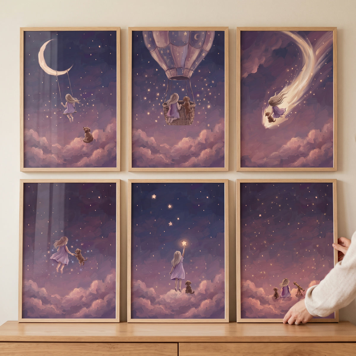 Purple Starry Girl Dog Wall Art Set of 6 - Magical Stardust Adventure