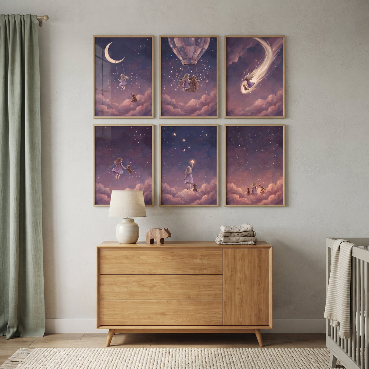 Purple Starry Girl Dog Wall Art Set of 6 - Magical Stardust Adventure