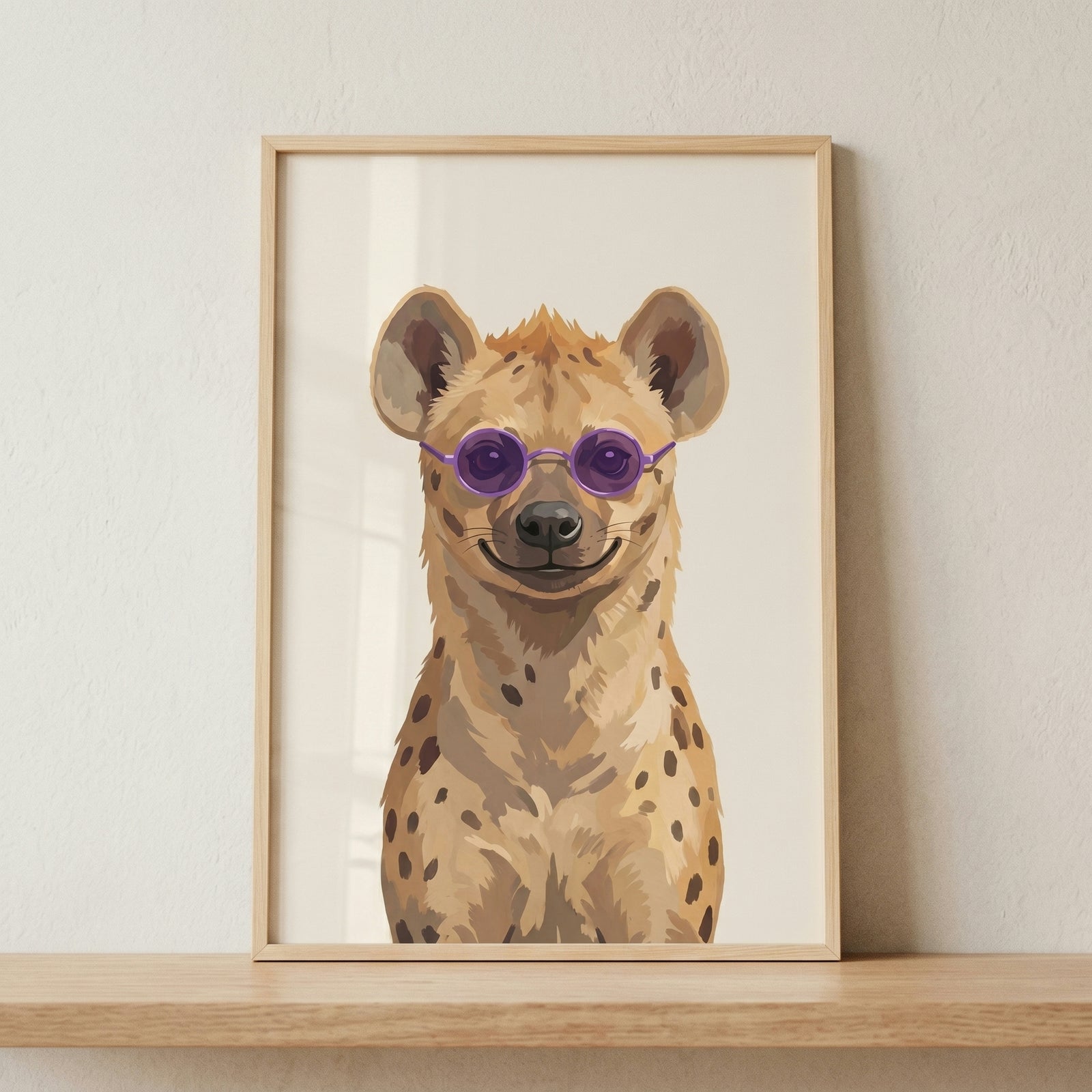 Framed purple sunglasses smiling hyena wall art rests on a wooden shelf against a neutral wall.