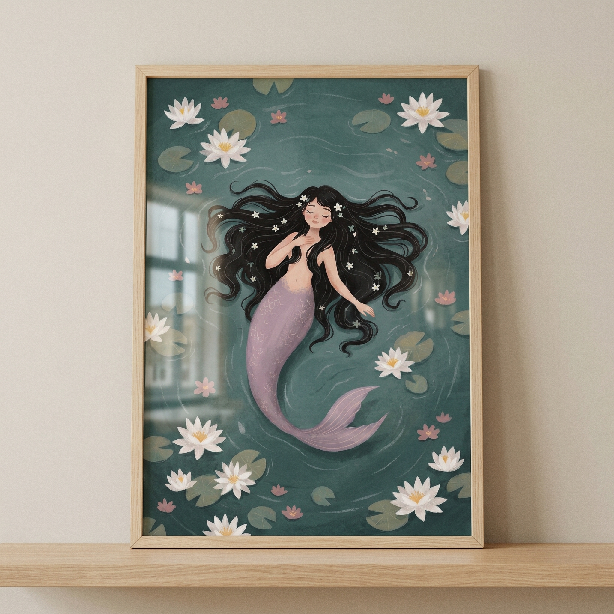 Purple Tail Floating Mermaid Wall Art - Serene Pond Maiden
