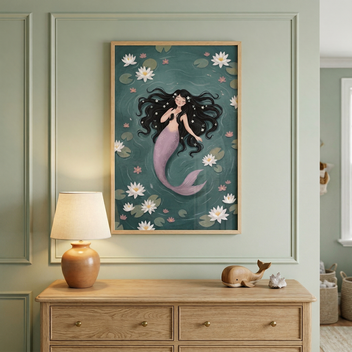 A framed illustration of a mermaid hangs on a sage green wall above a wooden dresser. In the artwork, a mermaid with long black hair and a purple tail floats among white lilies and lily pads in dark water. The dresser below holds a lit lamp with a beige shade, a small wooden whale figurine, and a few crystals. The scene is peaceful and whimsical, with classic molding on the wall framing the composition.