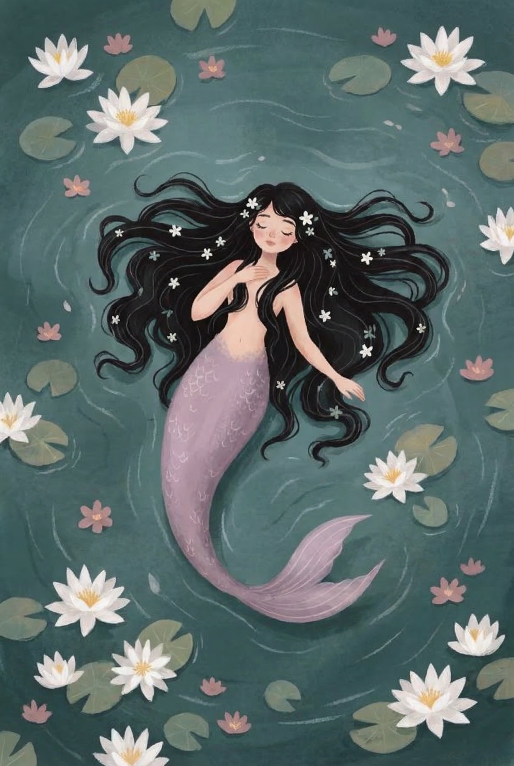 Purple Tail Floating Mermaid Wall Art - Serene Pond Maiden