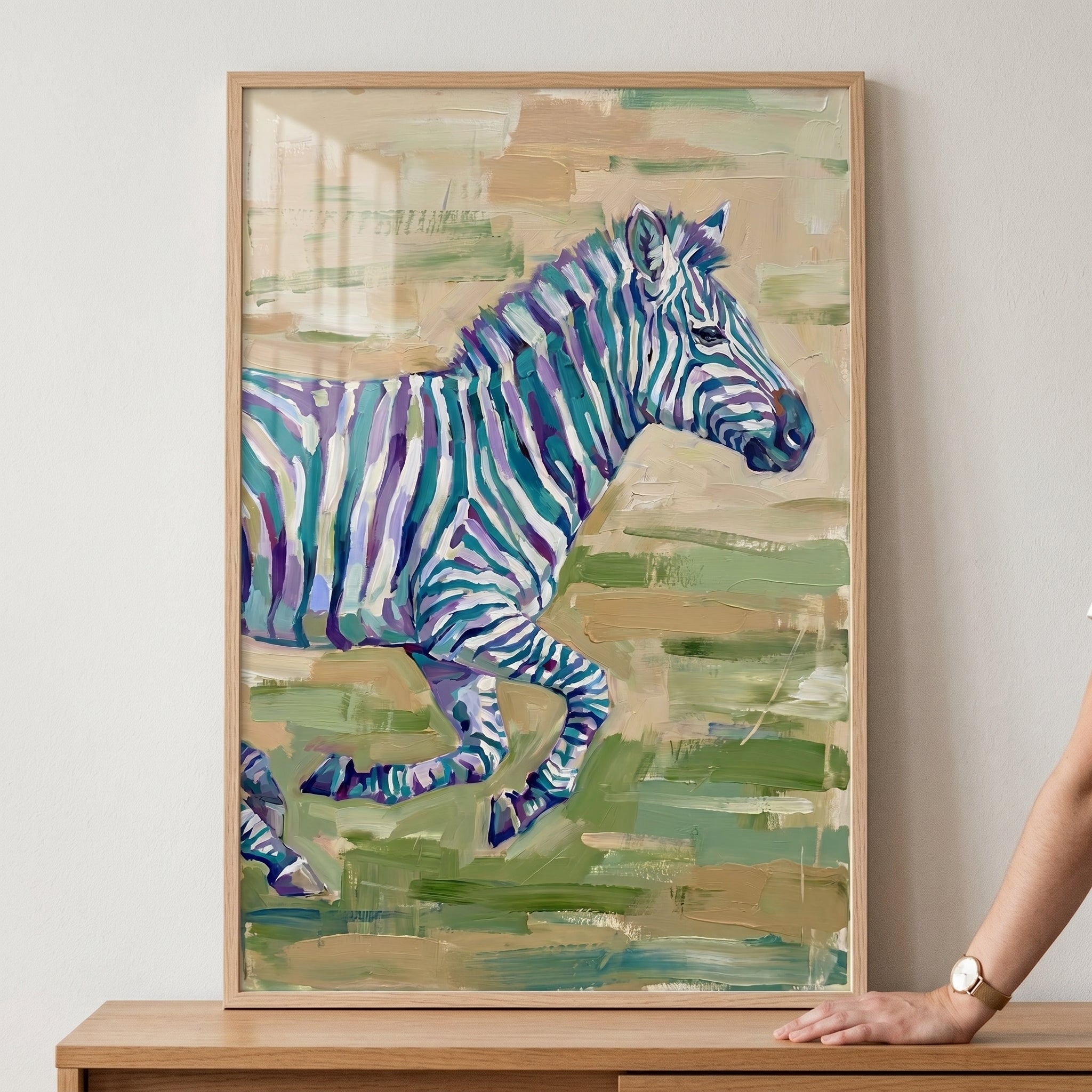 Purple Teal Galloping Zebra Wall Art - Striped Indigo Stride