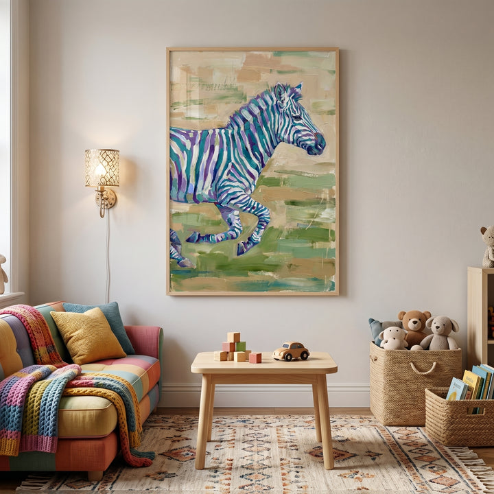 Purple teal galloping zebra wall art hangs in a cozy playroom with a colorful sofa, wooden table, and toy baskets.