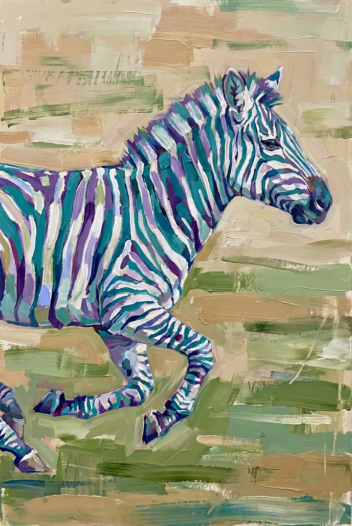 Purple teal galloping zebra wall art with vibrant stripes and textured green and tan background strokes.