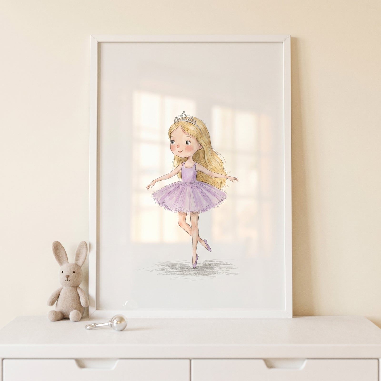 Framed purple tutu ballerina girl wall art on a white dresser with a stuffed bunny and silver rattle.