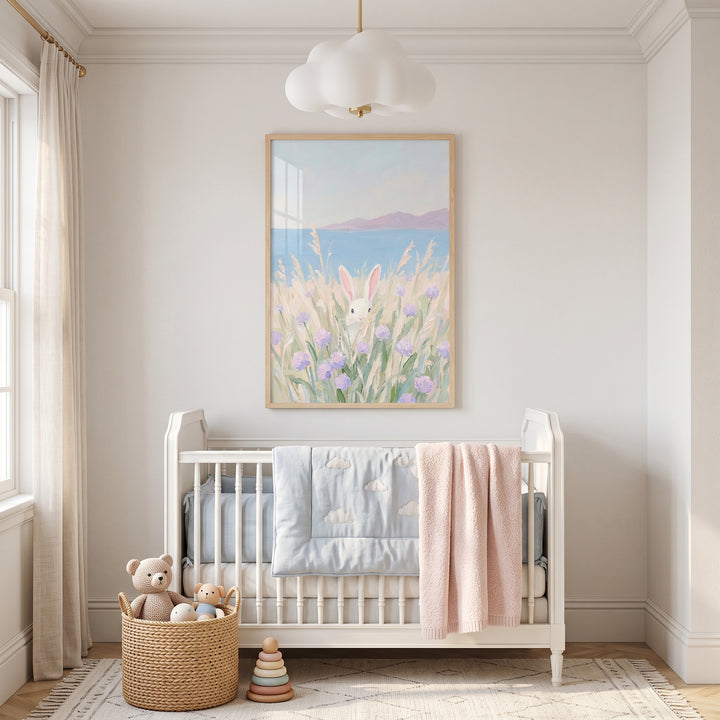 Purple wildflower peeking bunny wall art hangs above a white crib with soft pink and blue blankets in a serene nursery.