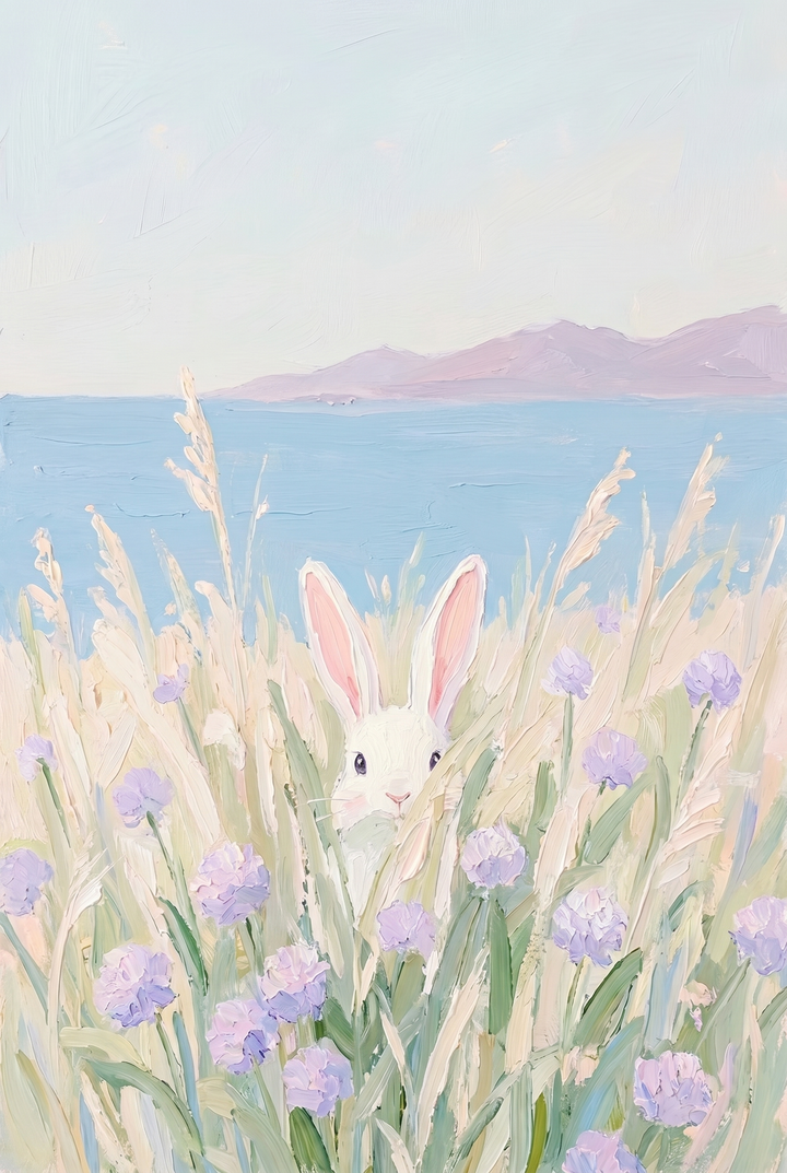 Purple wildflower peeking bunny wall art with a white rabbit in tall grass before a blue sea and lavender mountains.