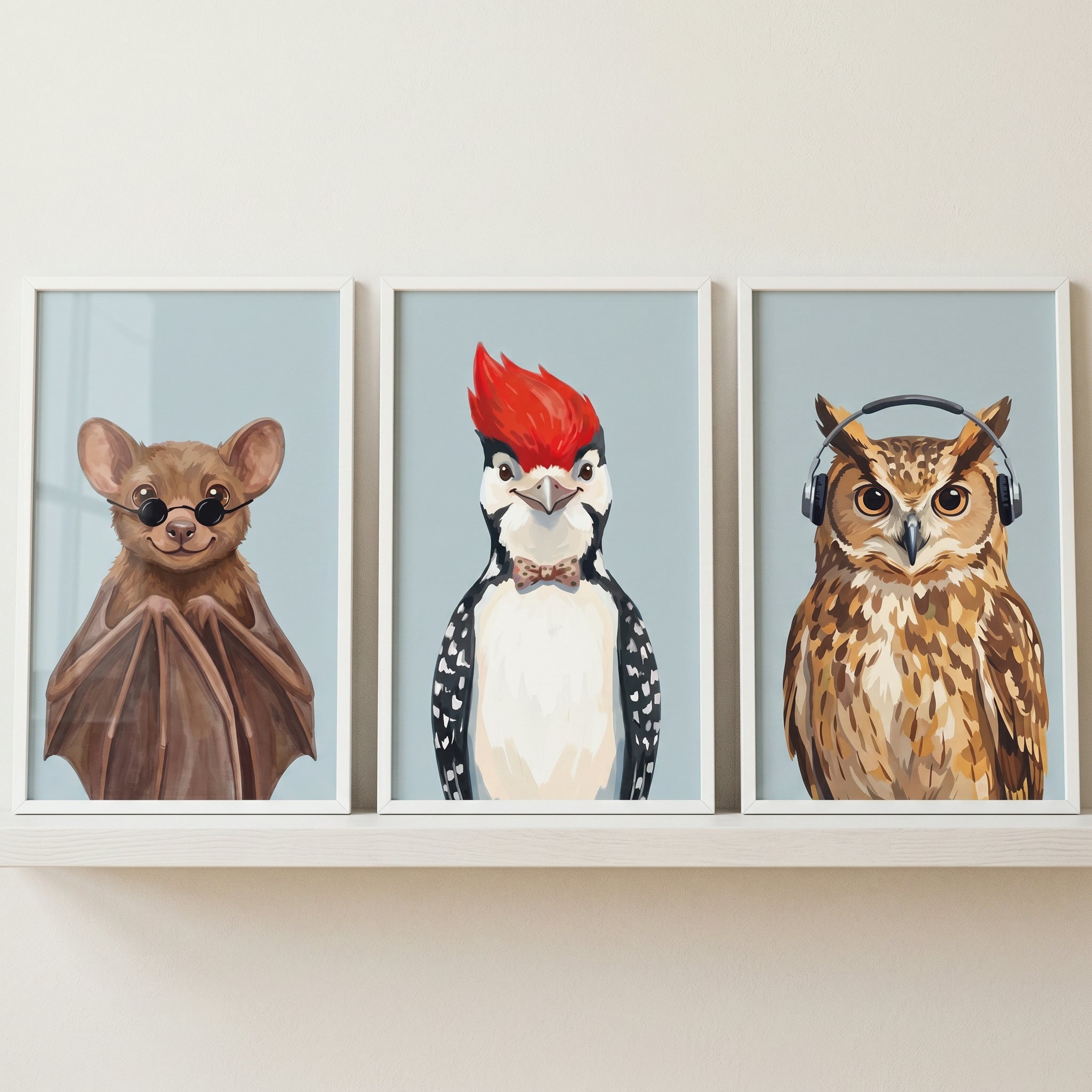 Quirky Accessorized Forest Animal Wall Art Set of 3 - Stylish Forest Trio