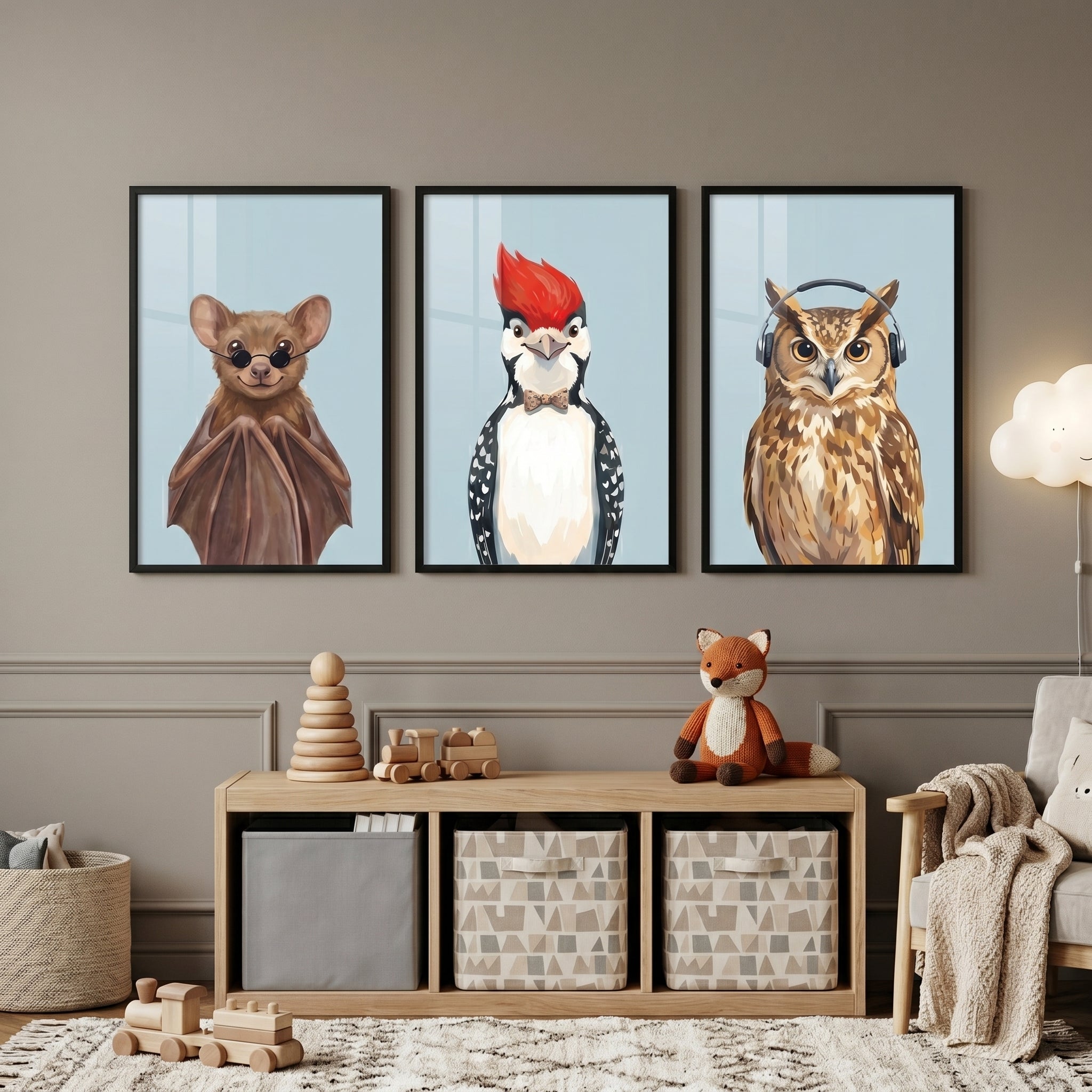 Quirky Accessorized Forest Animal Wall Art Set of 3 - Stylish Forest Trio