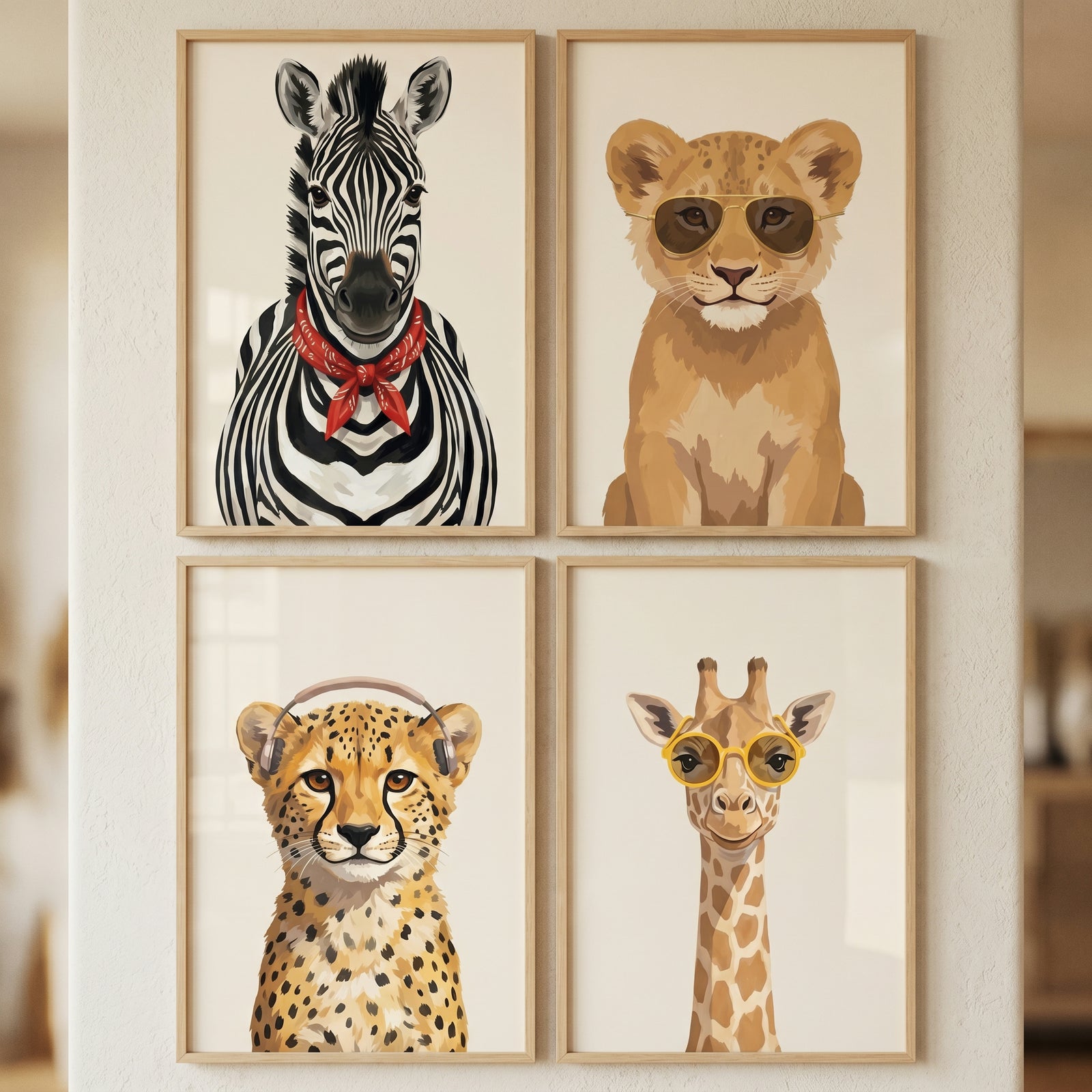 Quirky accessorized safari animals wall art set of 4 featuring a zebra, lion, cheetah, and giraffe wearing accessories.