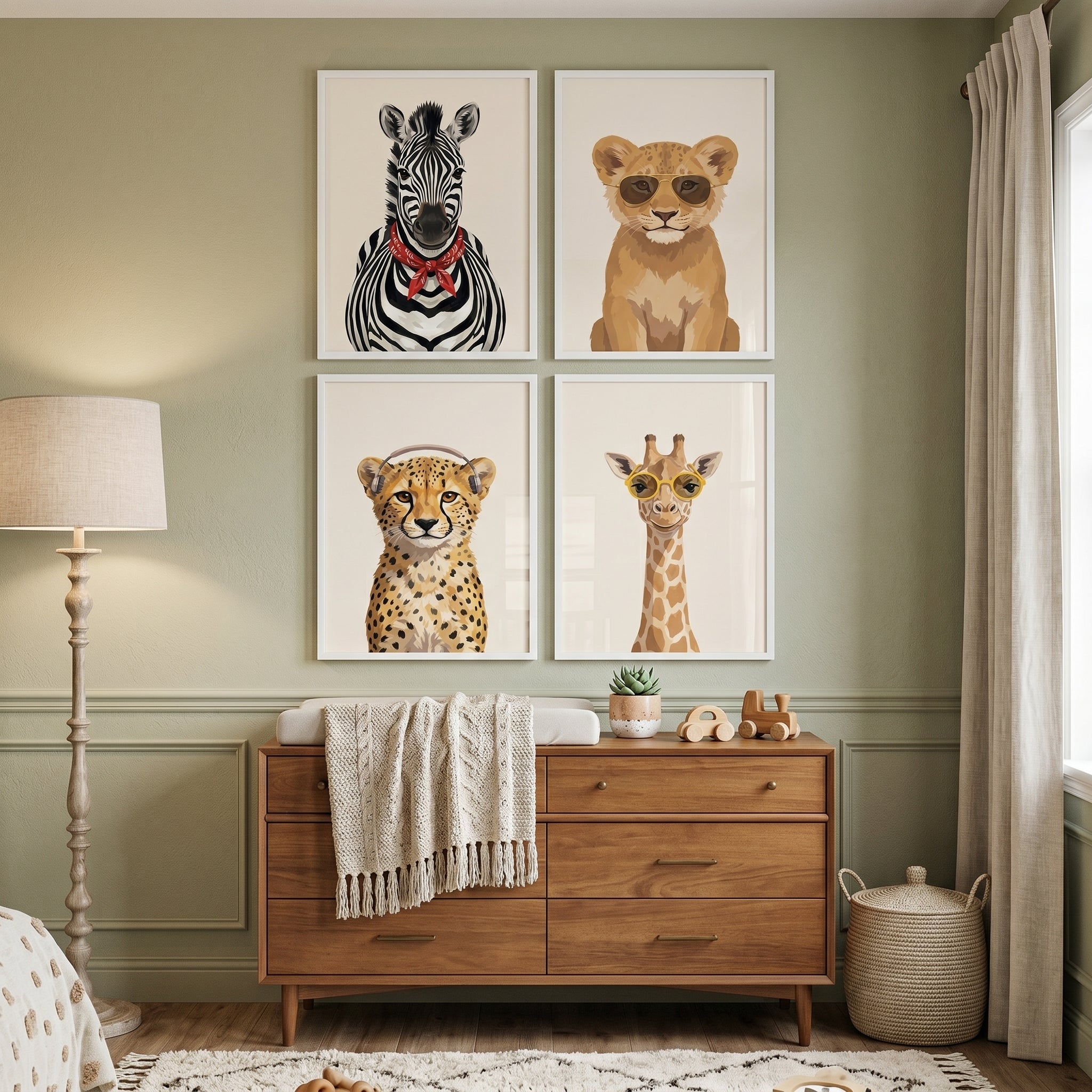 Quirky Accessorized Safari Animals Wall Art Set of 4 - Stylish Safari Animals