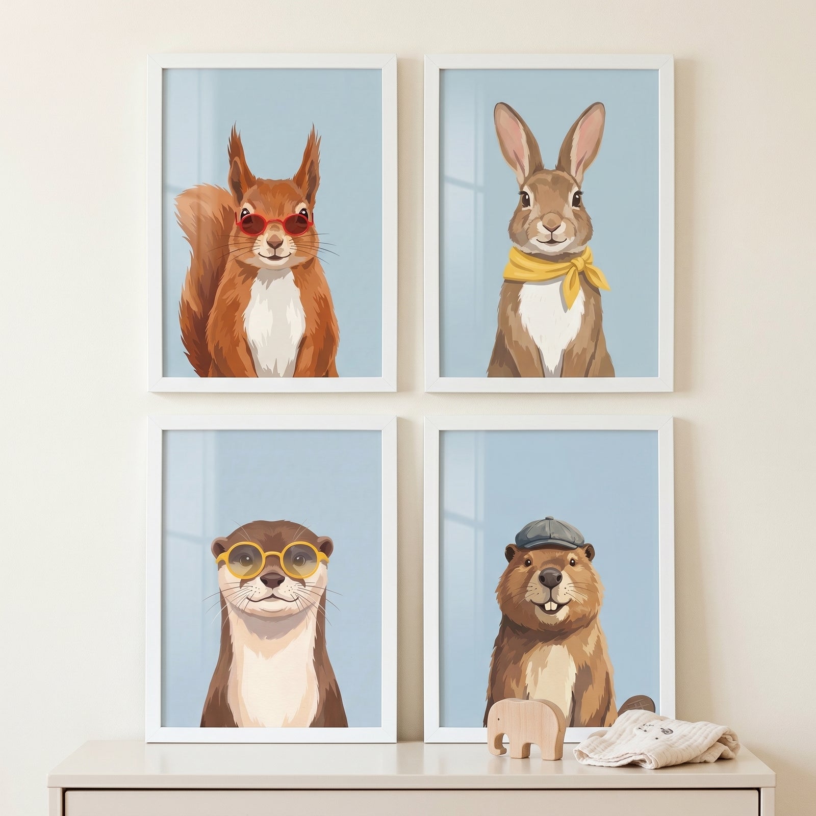Quirky accessorized woodland animal wall art set of 4 featuring a squirrel, rabbit, otter, and beaver in white frames.