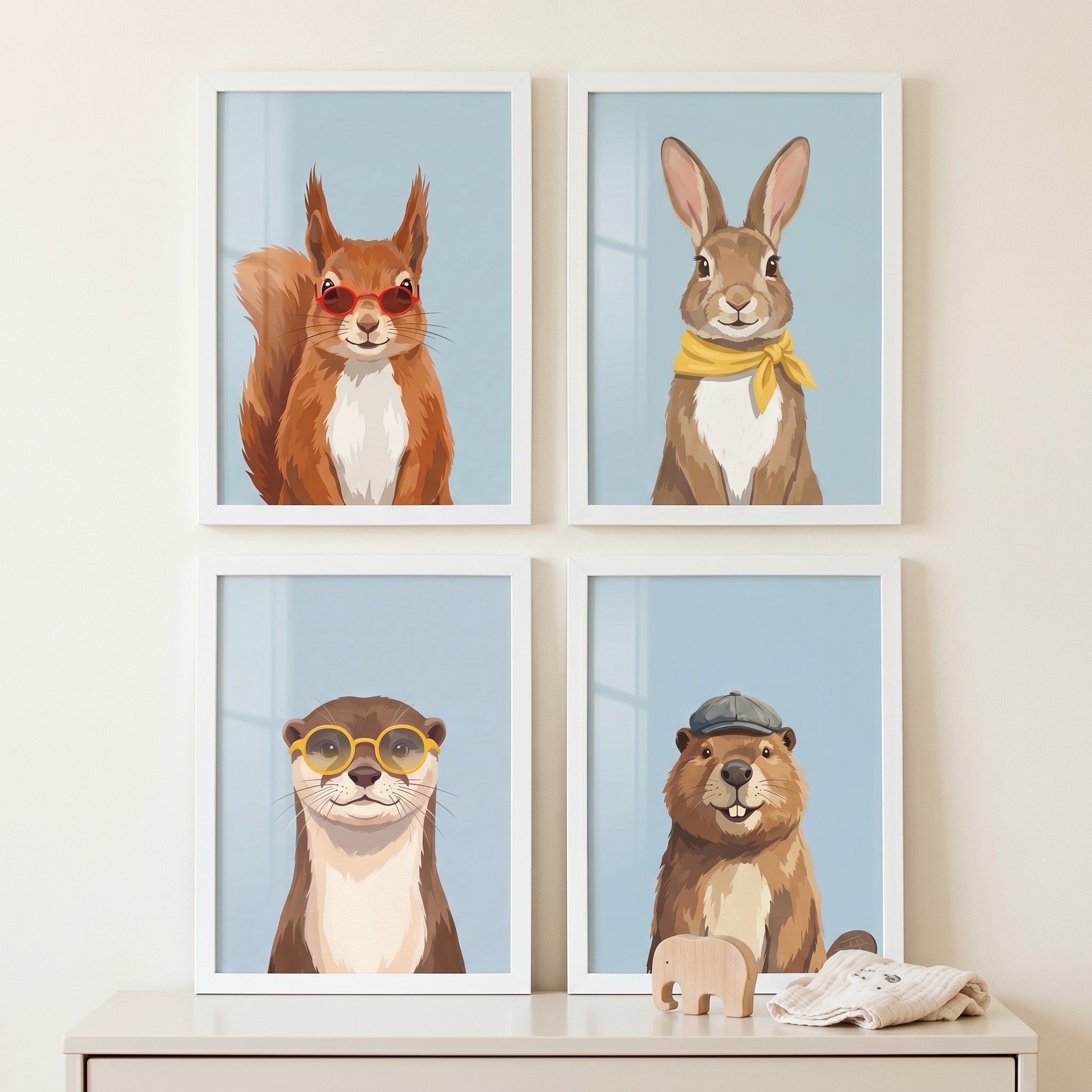 Quirky Accessorized Woodland Animal Wall Art Set of 4 - Stylish Woodland Critters