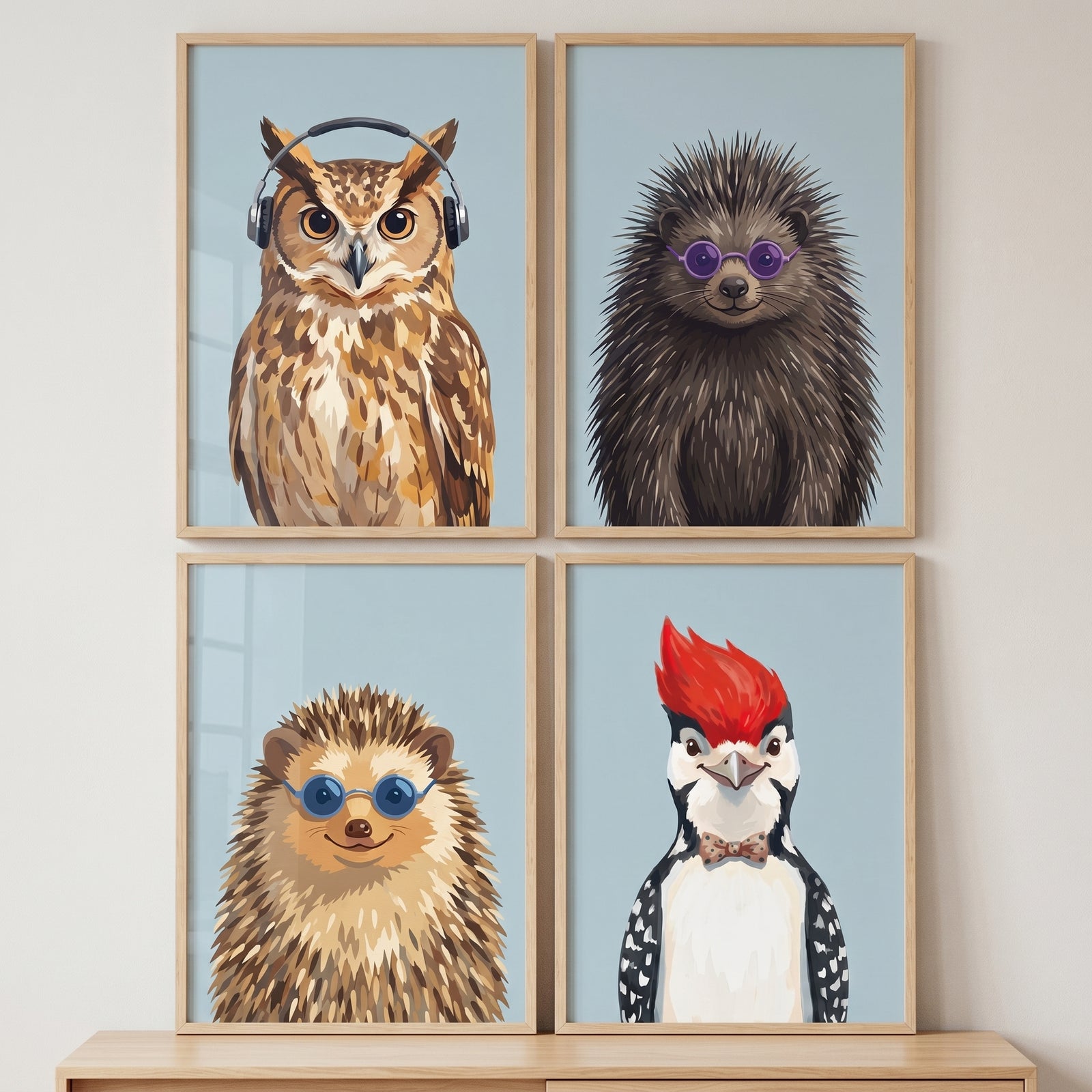 Quirky accessory forest animals wall art set of 4 with an owl, hedgehogs in glasses, and a woodpecker in a bowtie.