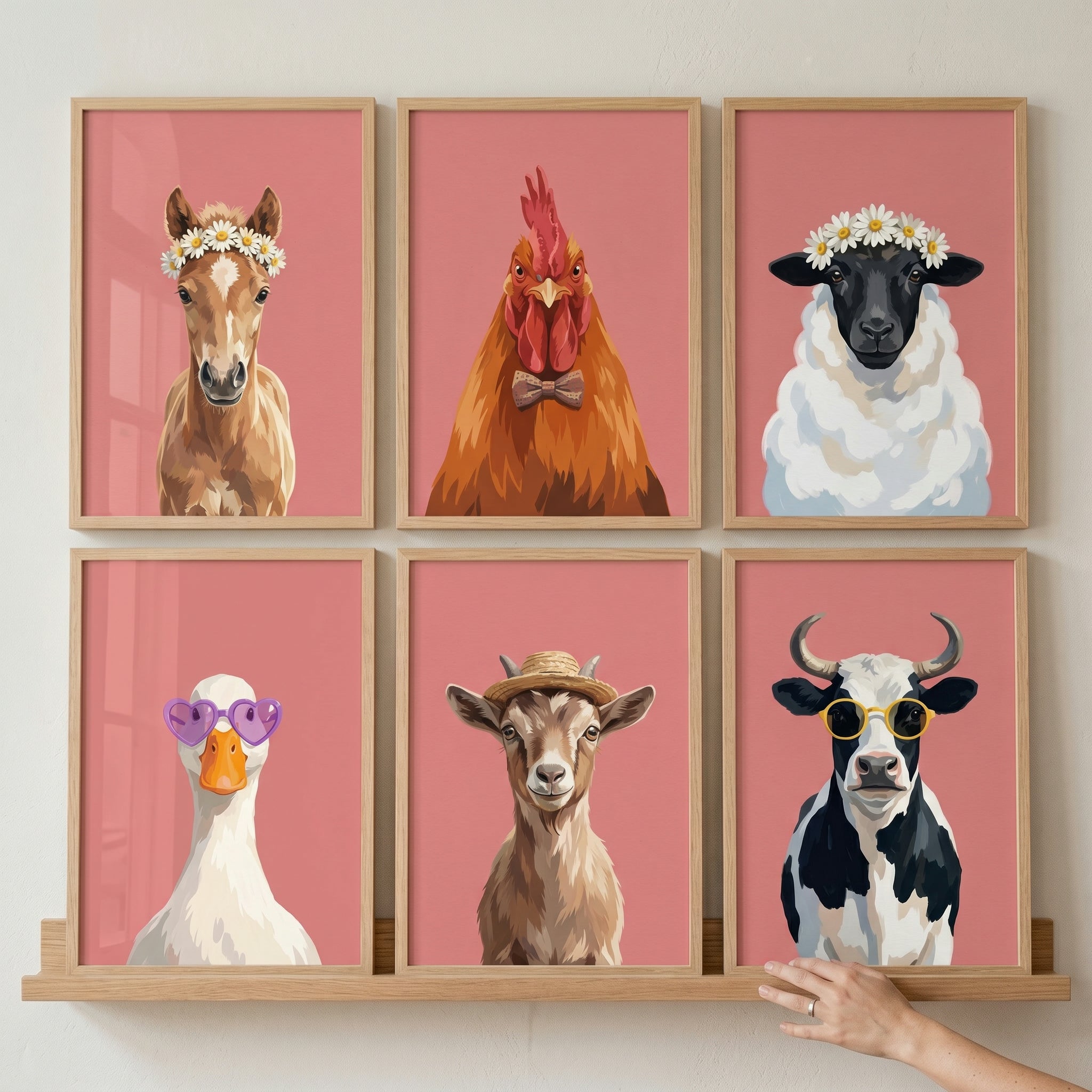 Quirky Pink Farm Animal Wall Art Set of 6 - Fancy Farm Friends