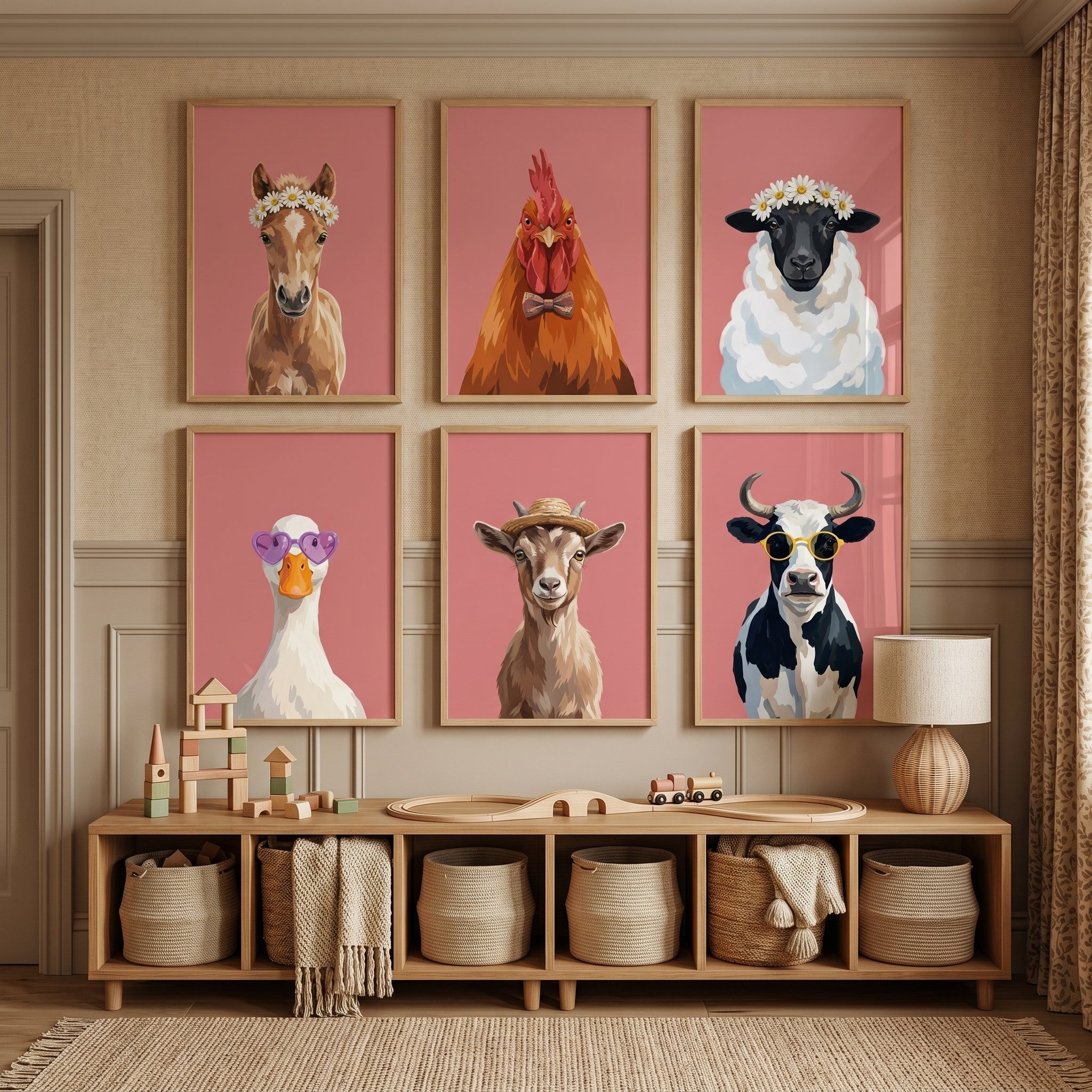 Quirky Pink Farm Animal Wall Art Set of 6 - Fancy Farm Friends