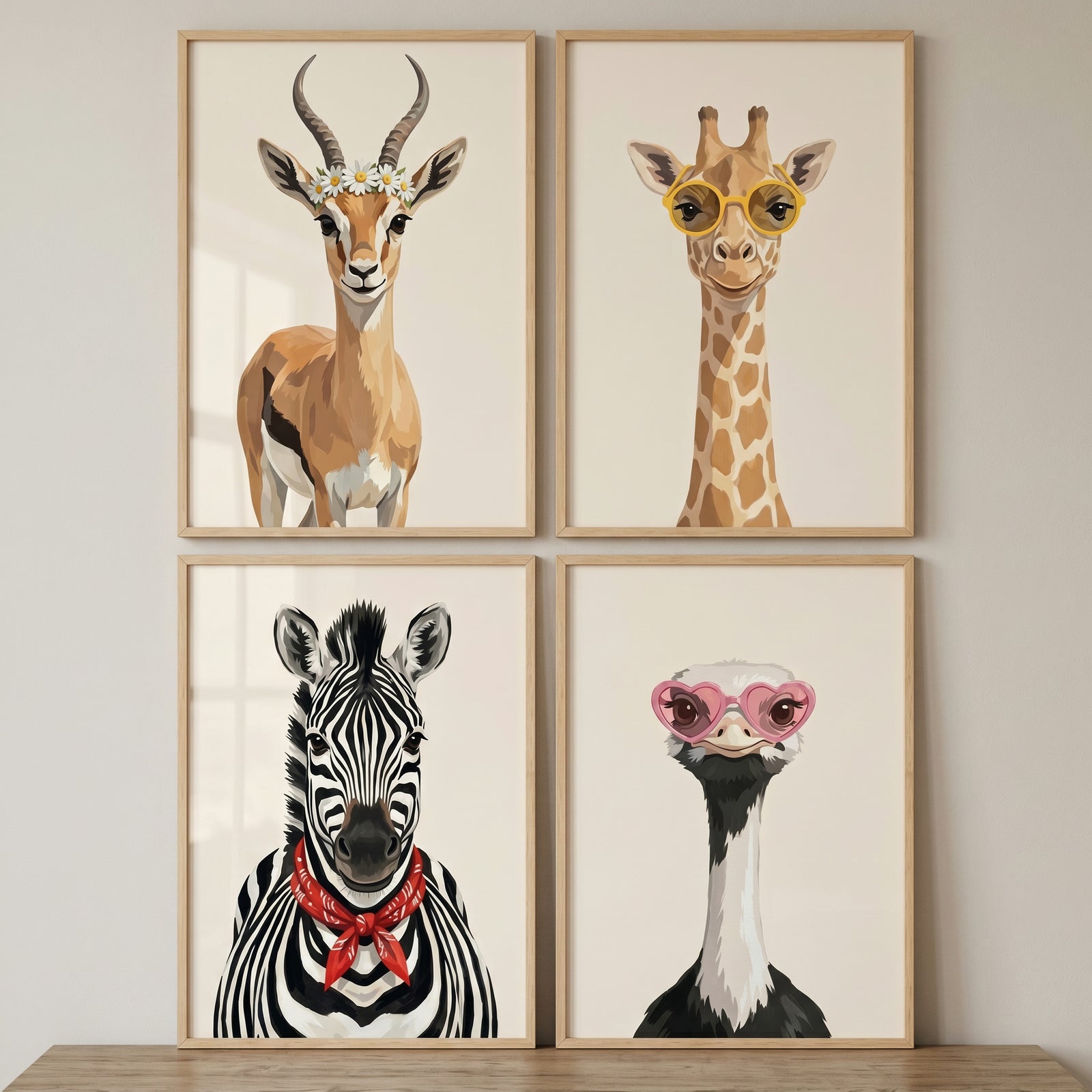 Gazelle with flowers, giraffe and ostrich in glasses, zebra in scarf in a quirky portrait safari animals print set of 4.