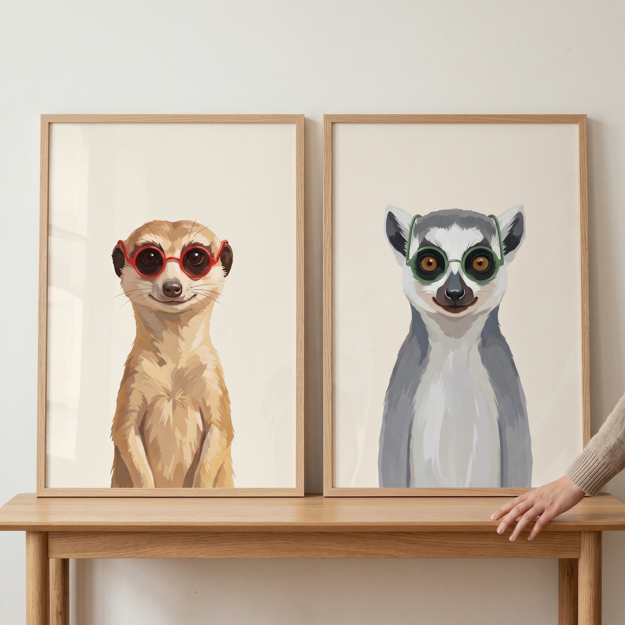Quirky Round Glasses Animals Wall Art Set of 2 - Hipster Animal Duo