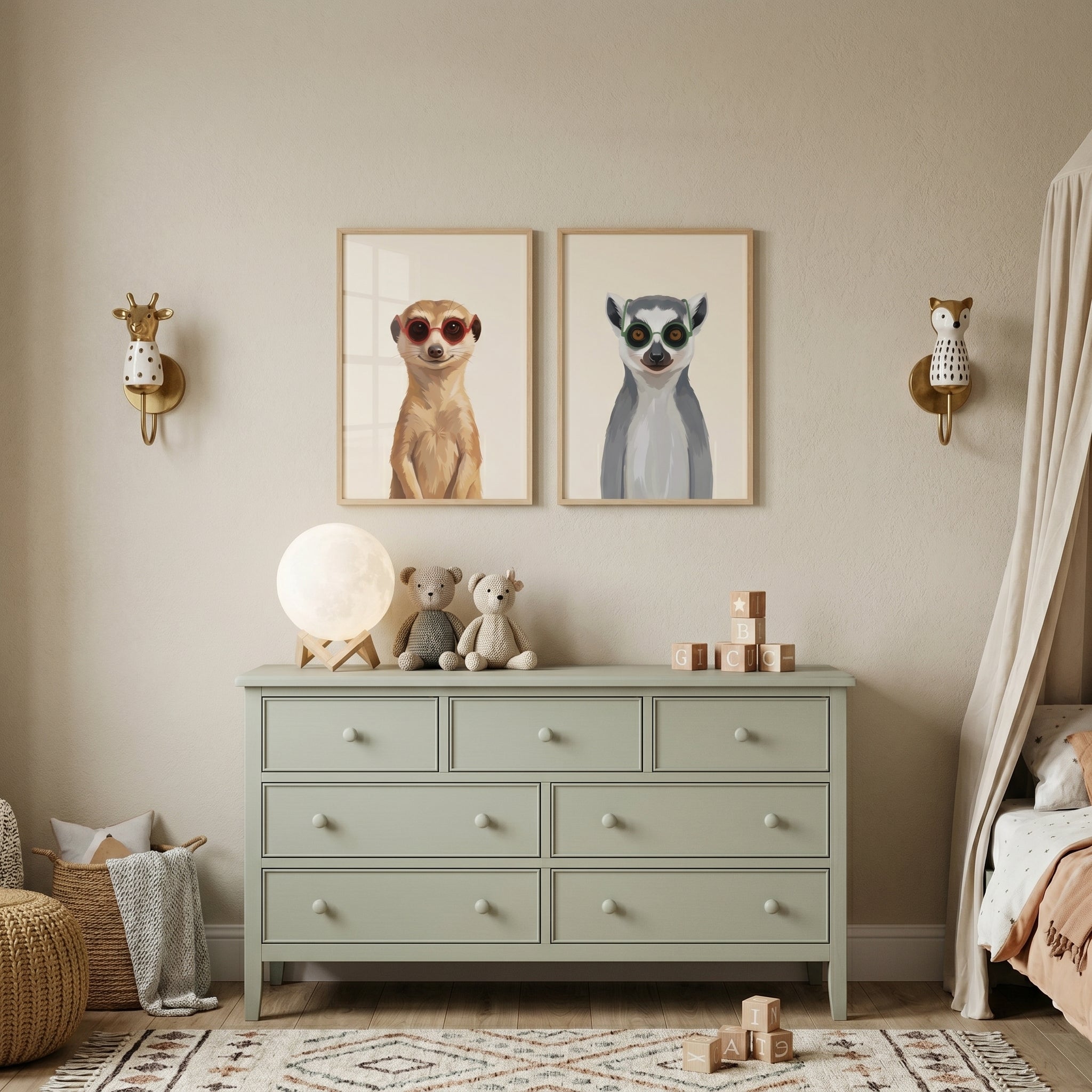 Quirky Round Glasses Animals Wall Art Set of 2 - Hipster Animal Duo
