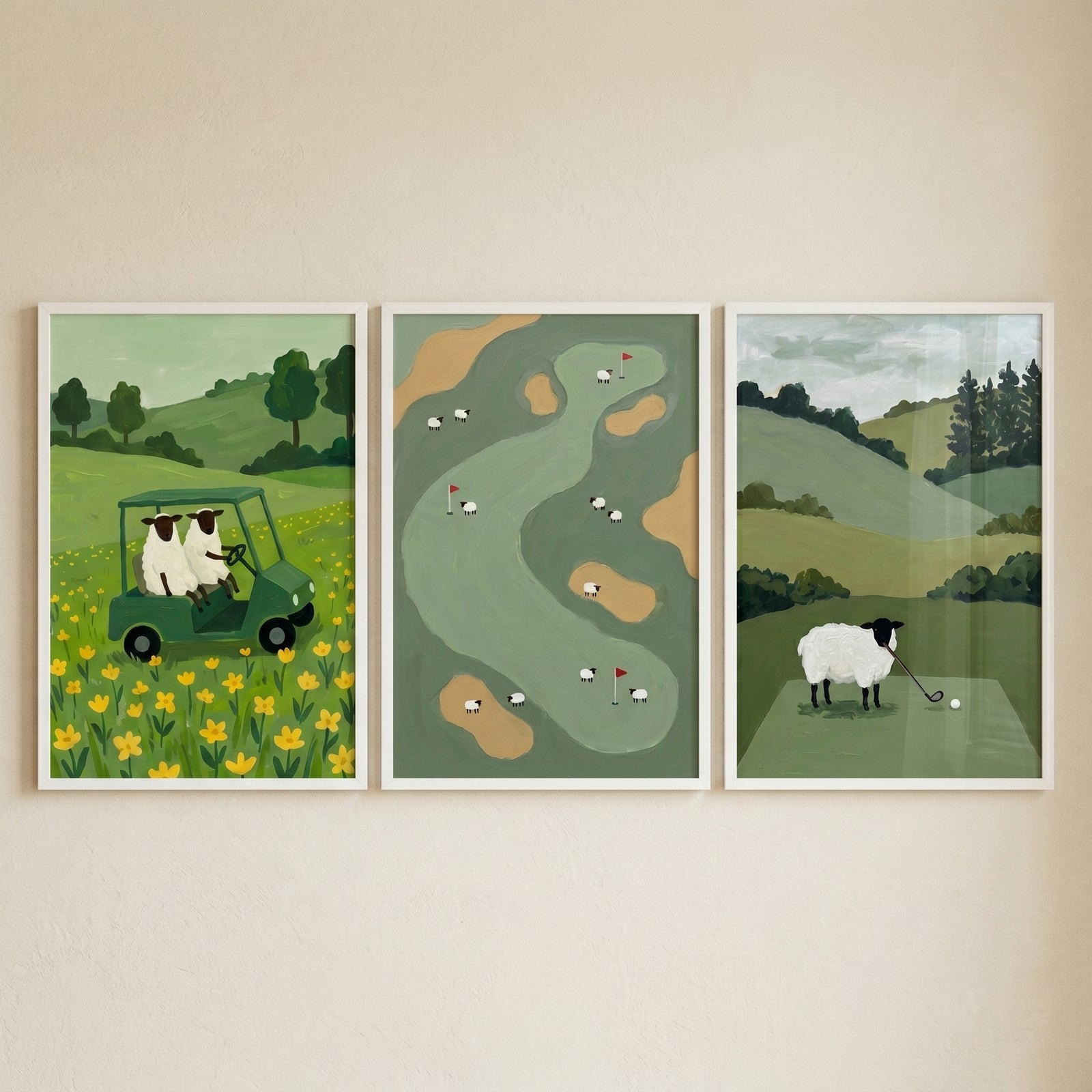 Quirky sage golfing sheep wall art set of 3 shows sheep in a golf cart, roaming a course, and putting on a green.