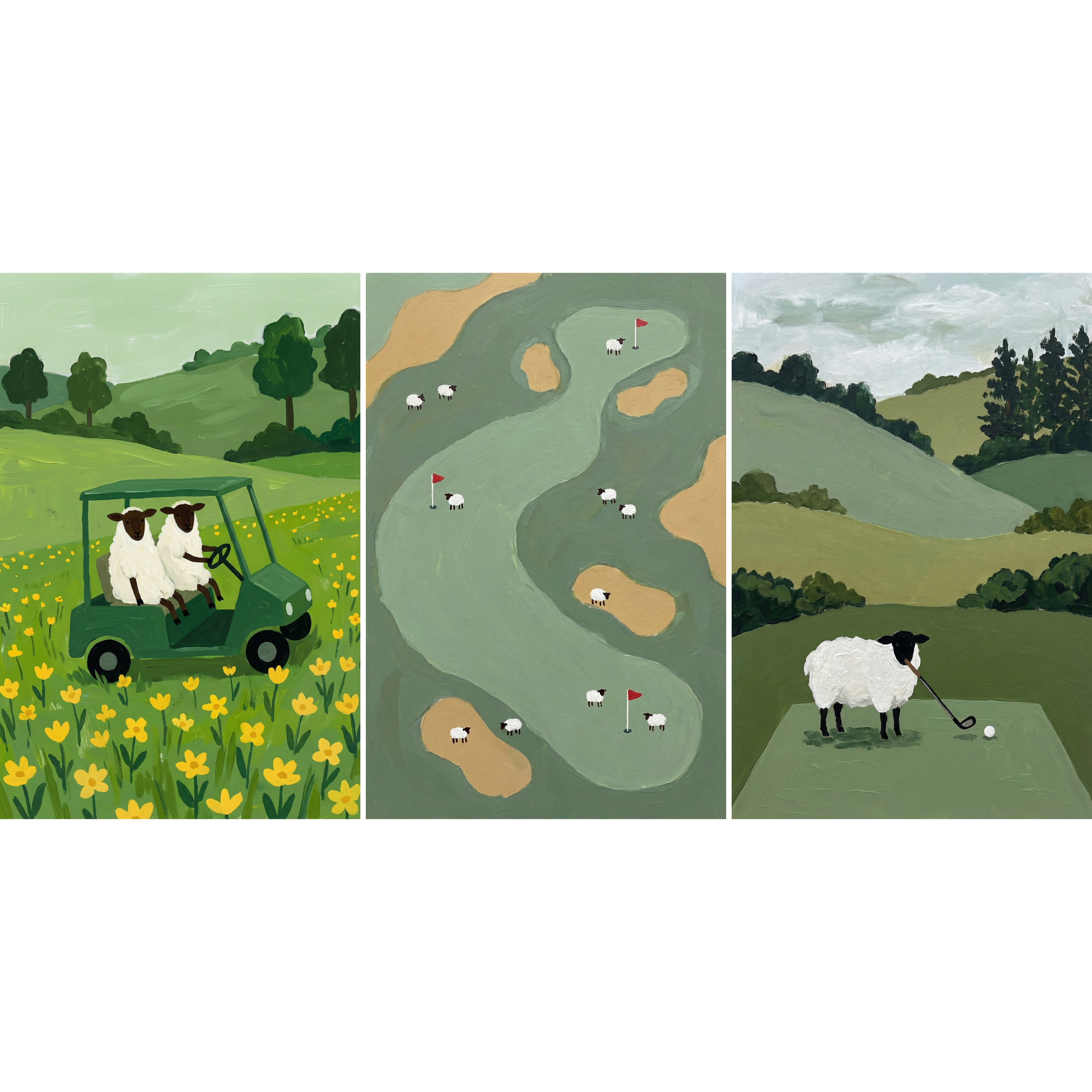 Quirky Sage Golfing Sheep Wall Art Set of 3 - The Golfing Flock