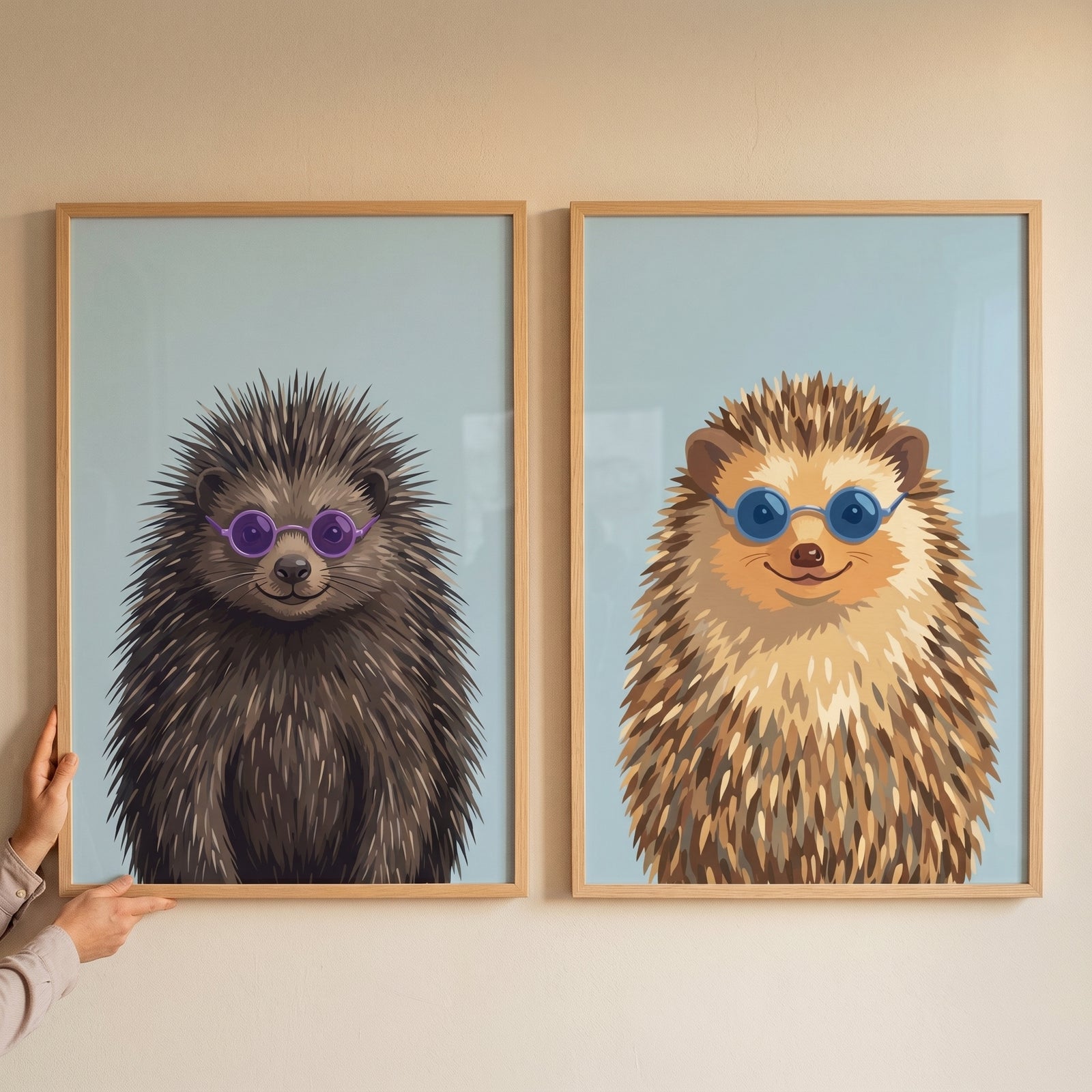 Quirky shades hedgehog wall art set of 2 featuring two framed illustrations of hedgehogs wearing round sunglasses.