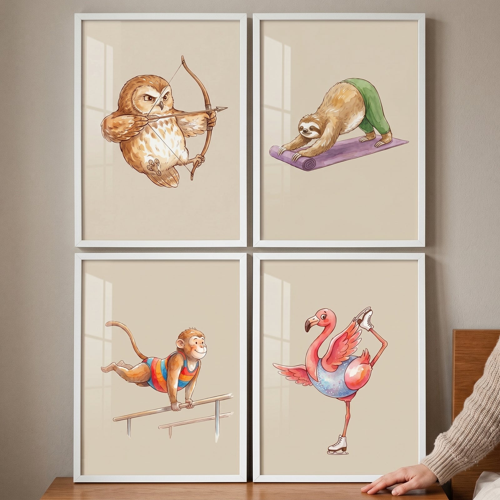 Quirky watercolor sports animal wall art set of 4 with an owl archer, yoga sloth, gymnast monkey, and skater flamingo.