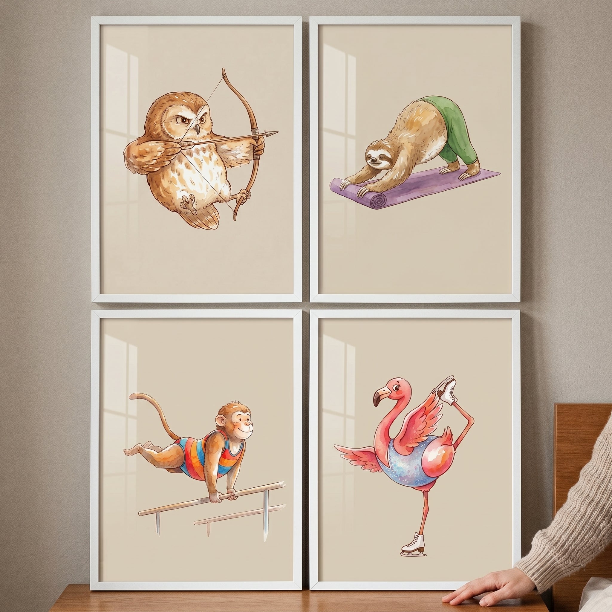 Quirky Watercolor Sports Animal Wall Art Set of 4 - Quirky Animal Athletes