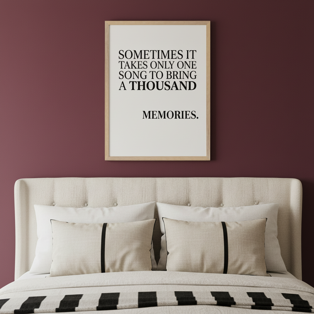 Modern bedroom with a beige upholstered bed. A light wood-framed poster hangs on the maroon wall above the bed, featuring black text on white: "SOMETIMES IT TAKES ONLY ONE SONG TO BRING A THOUSAND MEMORIES."