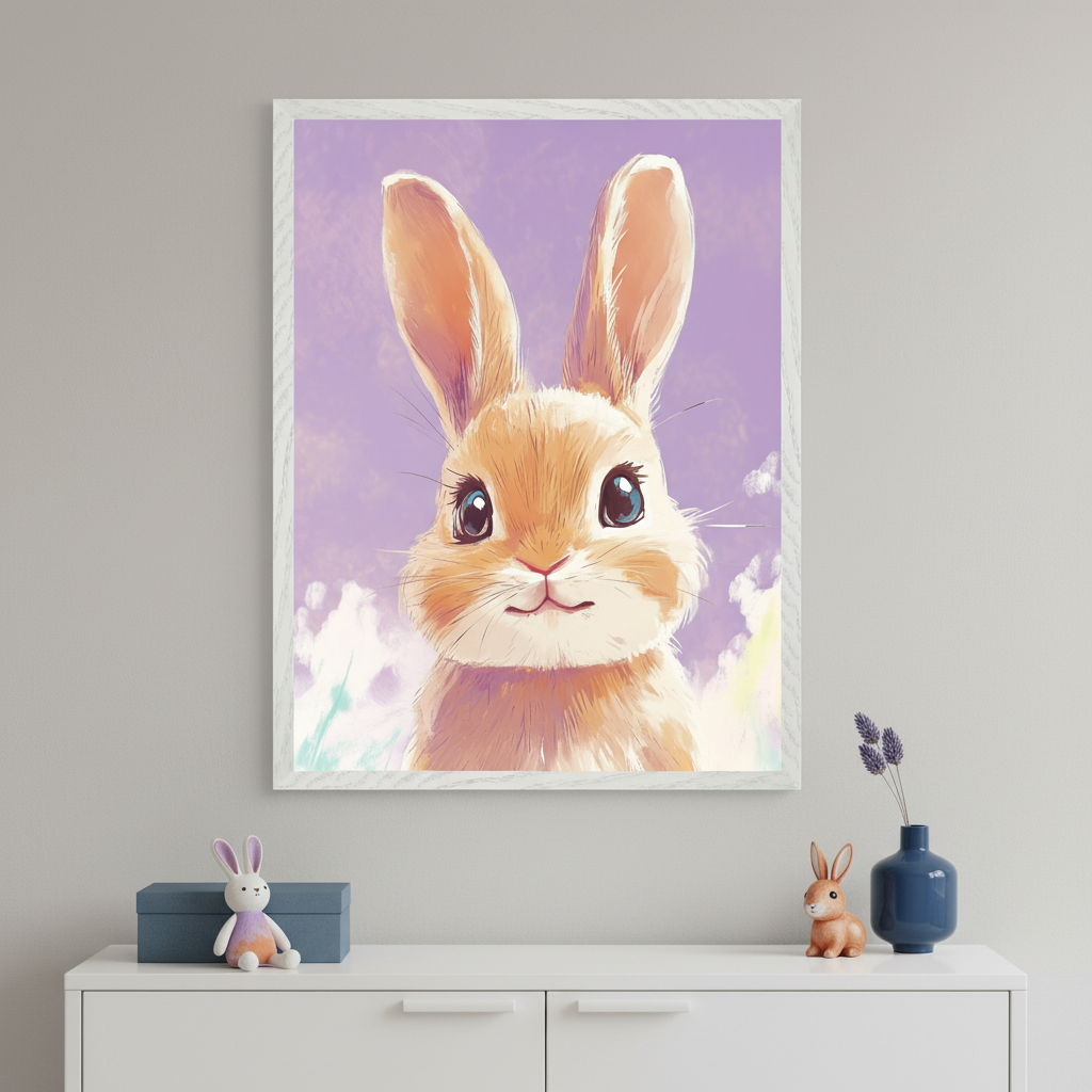 Modern kid's room with a white dresser. A framed illustration of a smiling brown bunny with large blue eyes on a purple cloud background hangs above the dresser. A stuffed bunny, ceramic bunny, and a vase are on the dresser.