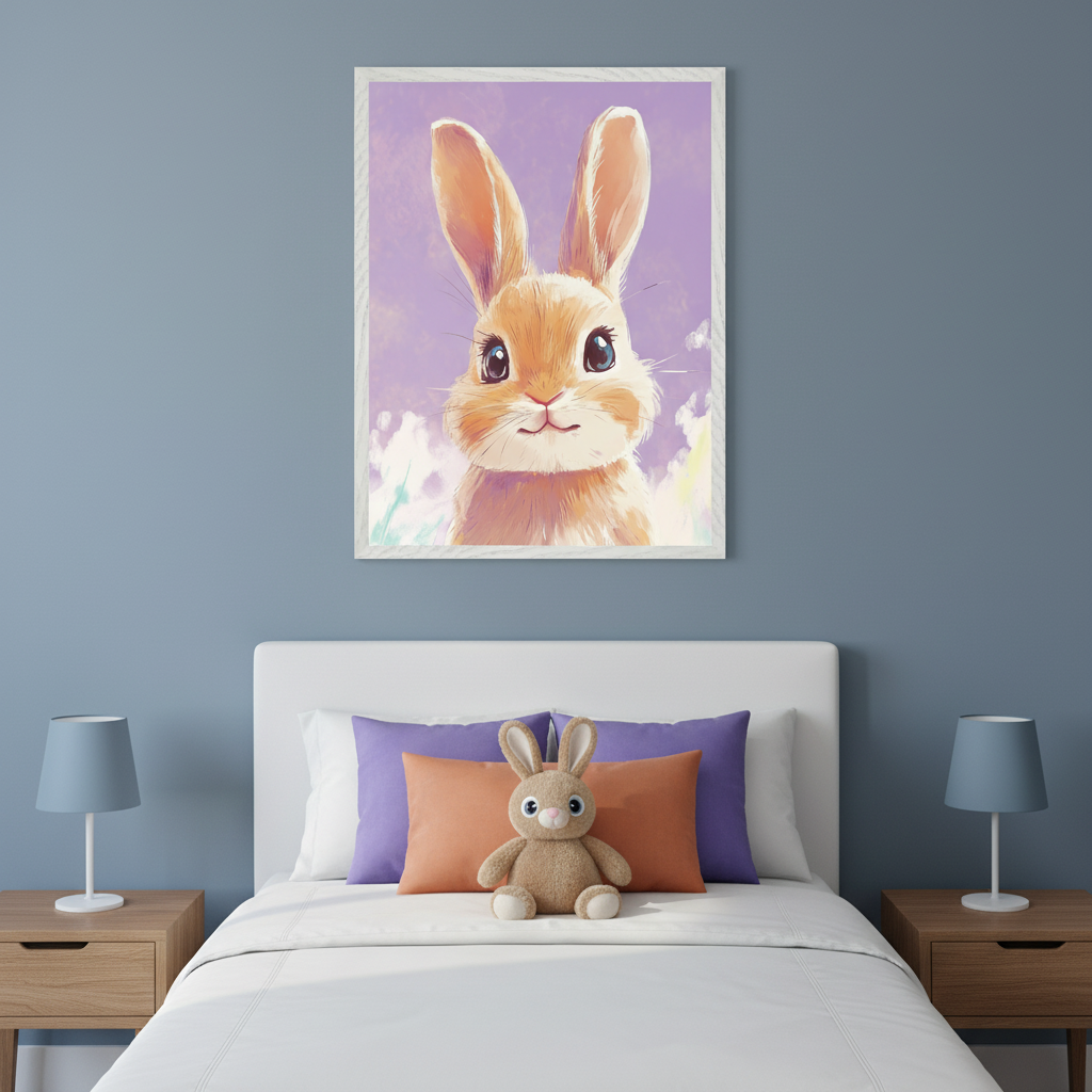 Kid's bedroom with a white bed, purple and orange pillows, and a brown bunny plush toy. Wooden nightstands with blue lamps flank the bed. A framed illustration of a cute, smiling brown bunny with big eyes and ears, against a purple background, hangs centered above the bed.