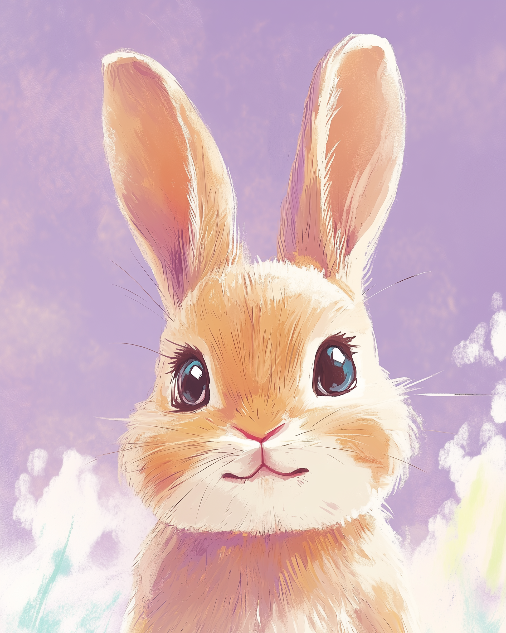 A cute illustration of a fluffy rabbit with large, expressive eyes and tall ears, set against a soft purple background with hints of white clouds.