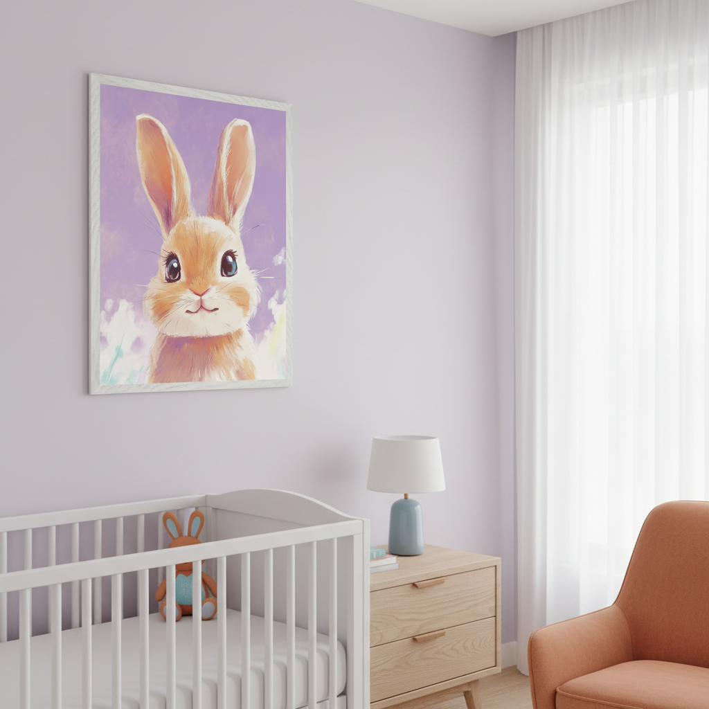 Modern nursery with a white crib and wood dresser against a lavender wall. A framed watercolor-style print of a smiling orange bunny hangs above. An orange armchair and sheer white curtains are also in the room.