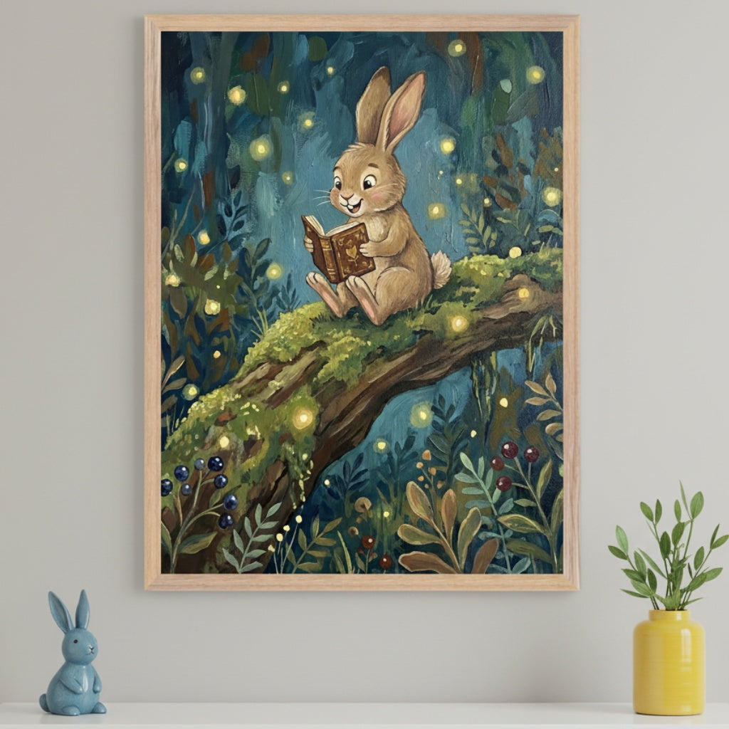 Minimalist room with a large framed painting on a light gray wall above a white shelf. The painting shows a smiling brown rabbit reading a book on a mossy tree branch in a whimsical forest with glowing lights. A blue rabbit figurine and a plant in a yellow vase are on the shelf.