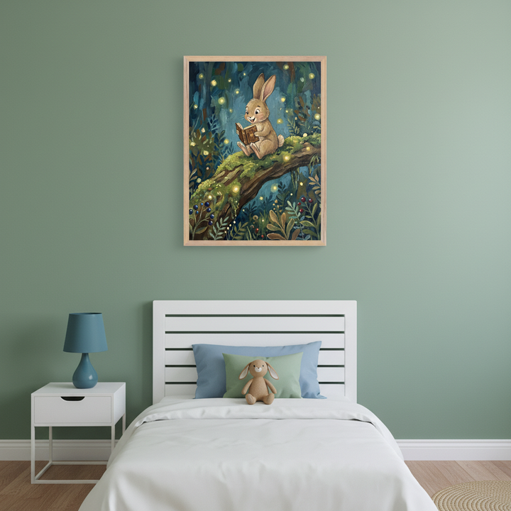 Kid's bedroom with a sage green wall. A white bed with a slatted headboard and a nightstand with a blue lamp are visible. Above the bed, a framed painting shows a cartoon rabbit reading a book on a mossy branch in a dark forest with fireflies.