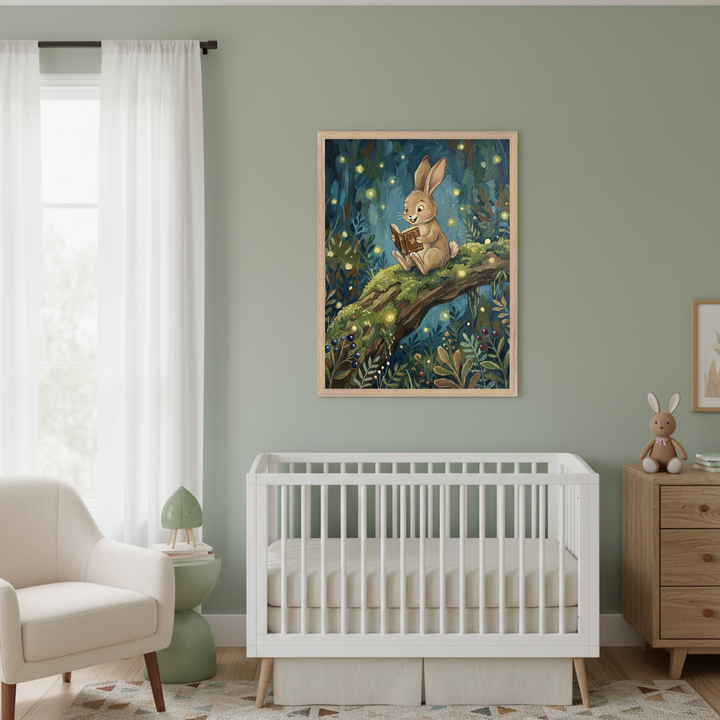 Modern nursery with a white crib, cream armchair, and wood dresser. A framed print of a rabbit reading on a mossy branch with fireflies in a magical forest hangs above the crib.