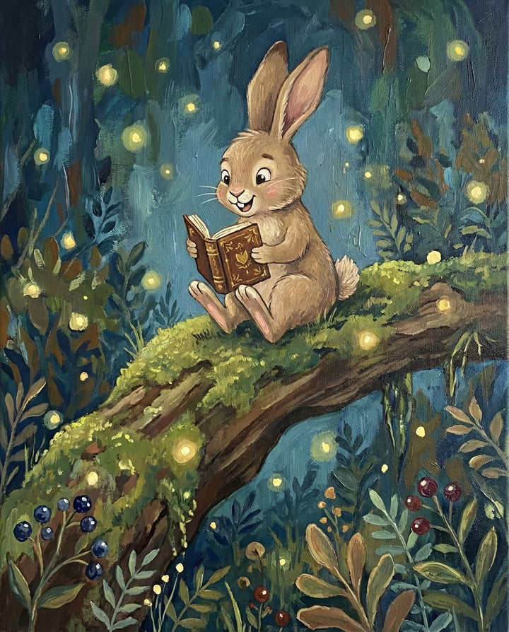 A cheerful bunny reads a storybook while sitting on a moss-covered log in a forest filled with glowing fireflies and lush plants, capturing a whimsical nighttime reading scene ideal for all ages.
