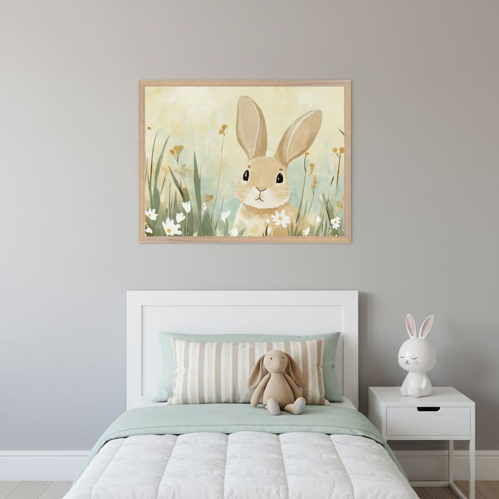Kid's bedroom with a white single bed and nightstand. A framed watercolor painting of a light brown rabbit in a field of flowers hangs centered above the bed.