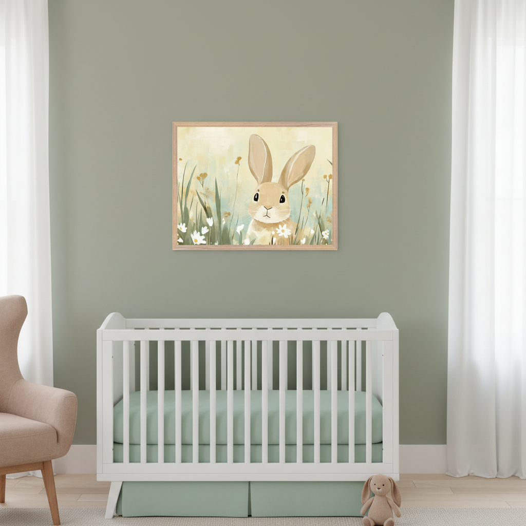 Modern nursery with sage green walls. A white crib with a green sheet and skirt is centered. Above it, a framed watercolor painting shows a light brown rabbit in a field of white daisies. A beige armchair is on the left, and a plush bunny toy is on the floor to the right.