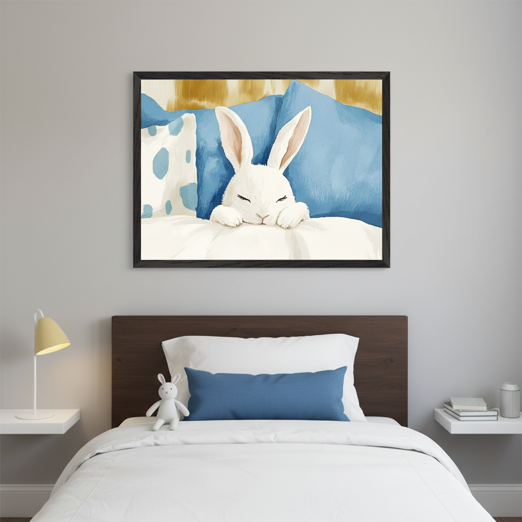 Modern kid's bedroom with a dark wooden headboard and white bed. A large framed watercolor-style print of a sleeping white bunny in blue pillows against a gold background hangs above the bed. A yellow lamp and a small white bunny toy are also visible.