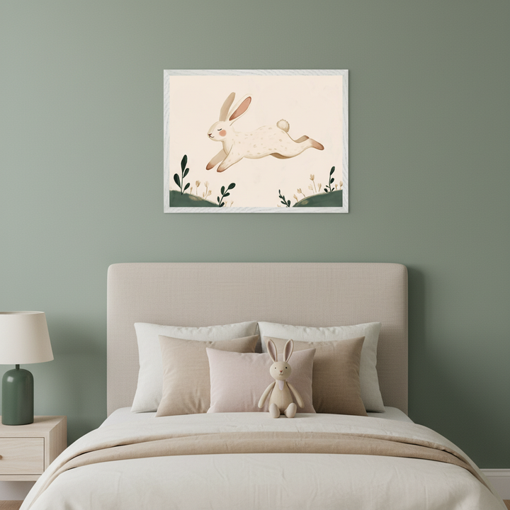 Sage green kid's bedroom with a beige upholstered bed, nightstand, and a stuffed bunny. A white-framed illustration of a white bunny hopping over green hills with small flowers hangs centered above the bed.