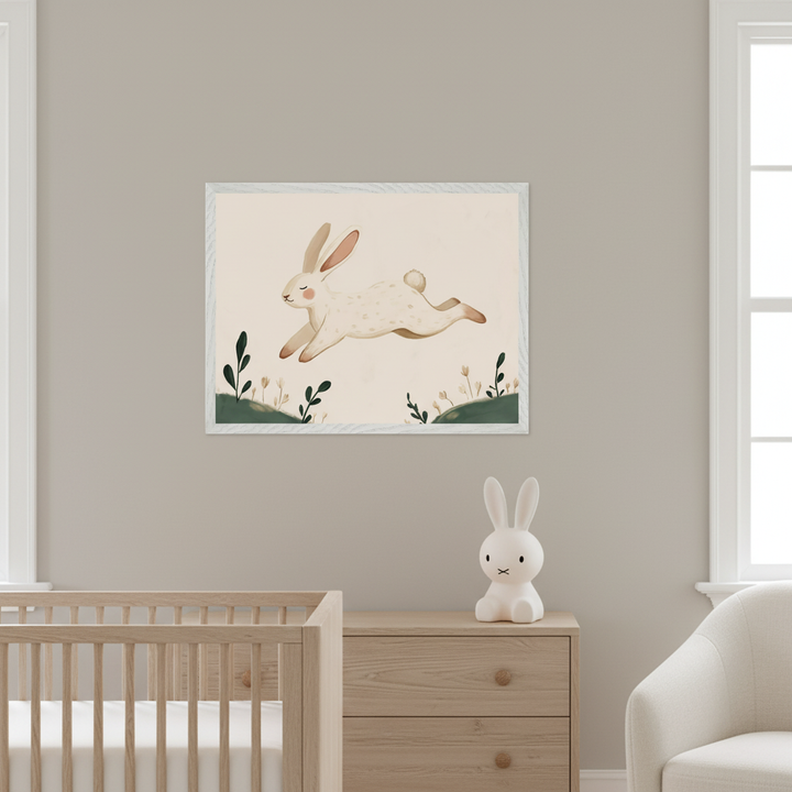 Modern nursery with a light wood crib and dresser. A white armchair is on the right. Above the dresser, a framed art print features a white bunny leaping over green plants in a childlike style. A white bunny night light is on the dresser.